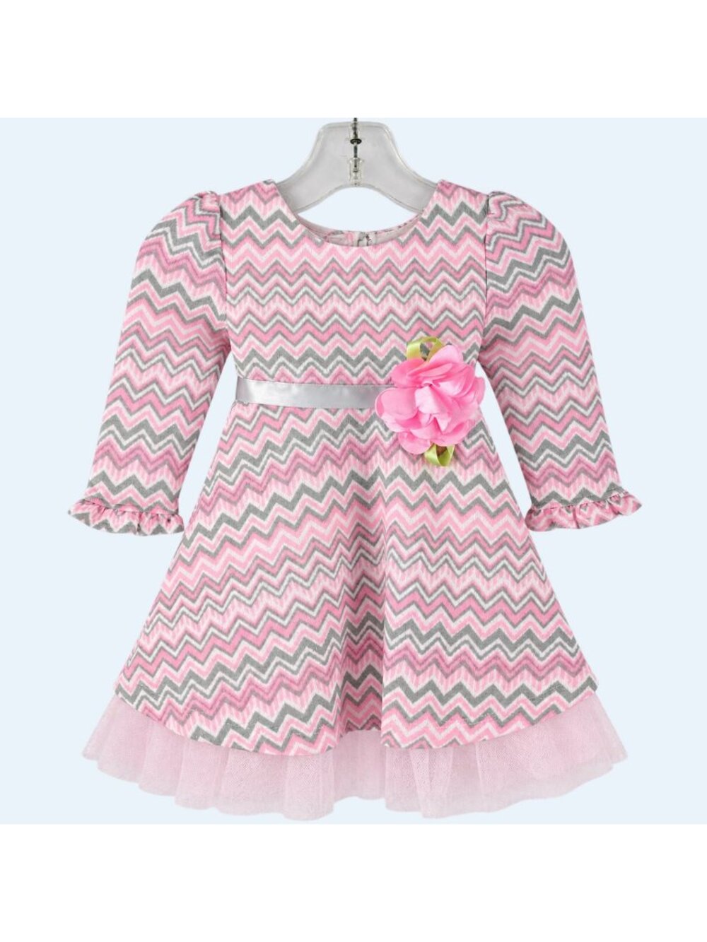 Youngland Baby Dress Girls 12-18M Zigzag Tulle Pink Gray Floral Long Sleeve